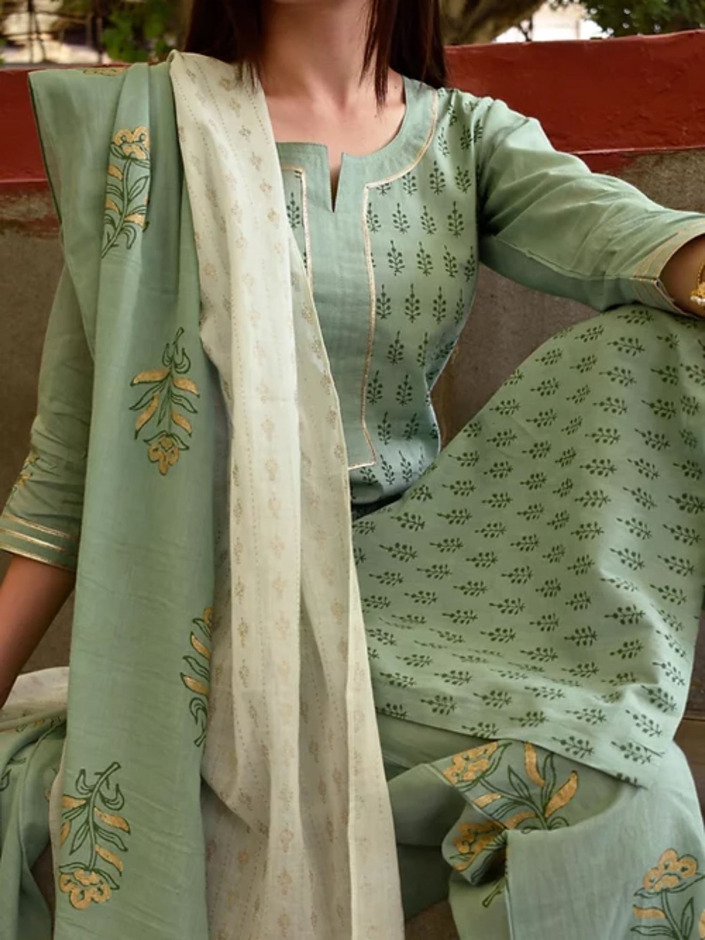 Green Block Print Cotton Set (Set of 3)