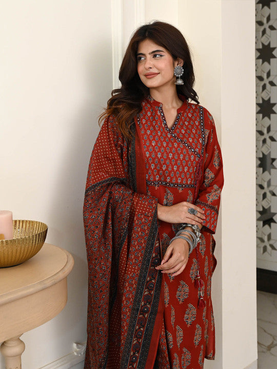 Bunaai Women Ethnic Motifs Printed Angrakha Sequinned Kurta with Trousers & Dupatta