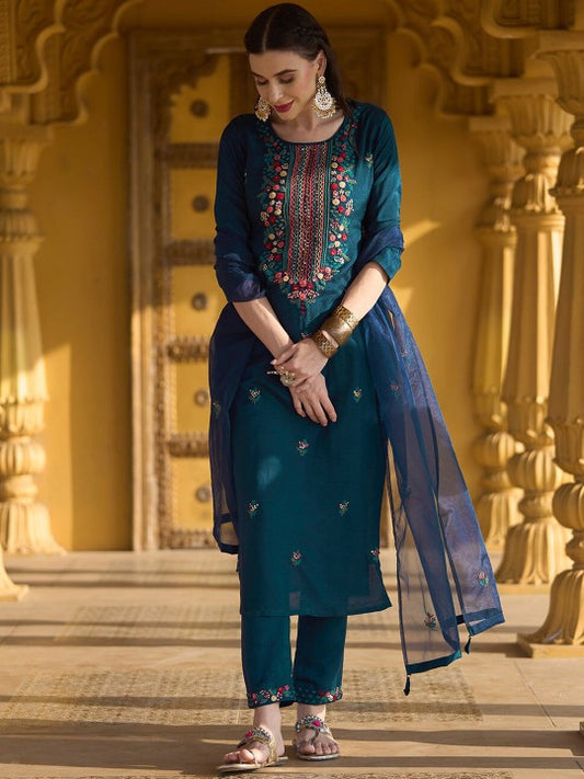 Neck Floral Embroidered Straight Kurta with Trouser & Dupatta