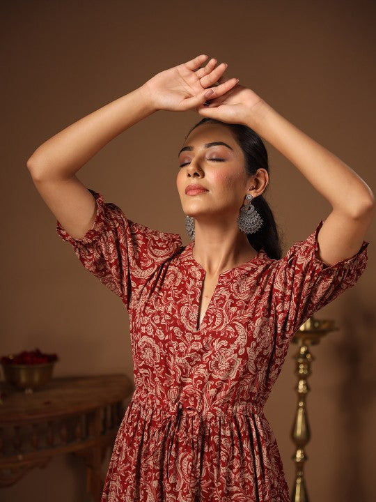 anayna Red Floral Ethnic A-Line Cotton Midi Ethnic Dress