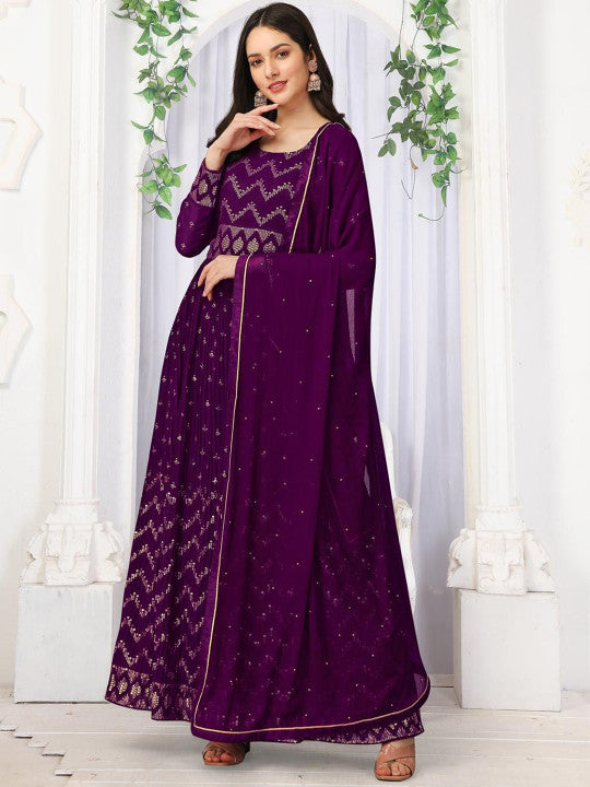 Trendmalls Embroidered Anarkali Sequinned Silk Georgette Kurta with Trousers &  Dupatta