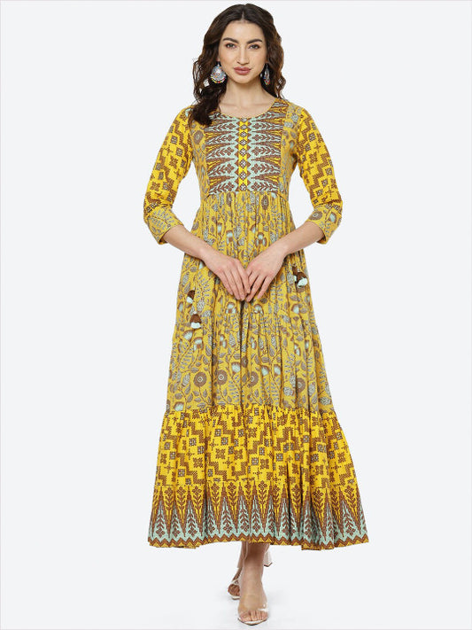 Biba Mustard Yellow Ethnic Motifs Ethnic Maxi Dress
