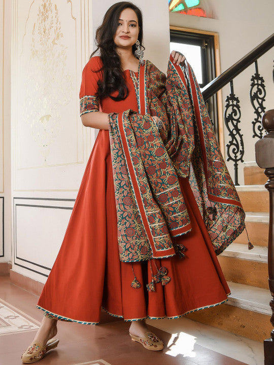 Indian Virasat Women Copper-Toned Floral Printed Panelled Pure Cotton Kurta with Trousers & With Dupatta