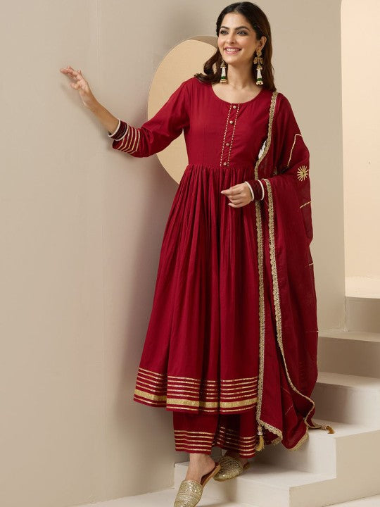 Ishin Gotta Patti Pure Cotton Round Neck Anarkali Kurta With Palazzos And Dupatta