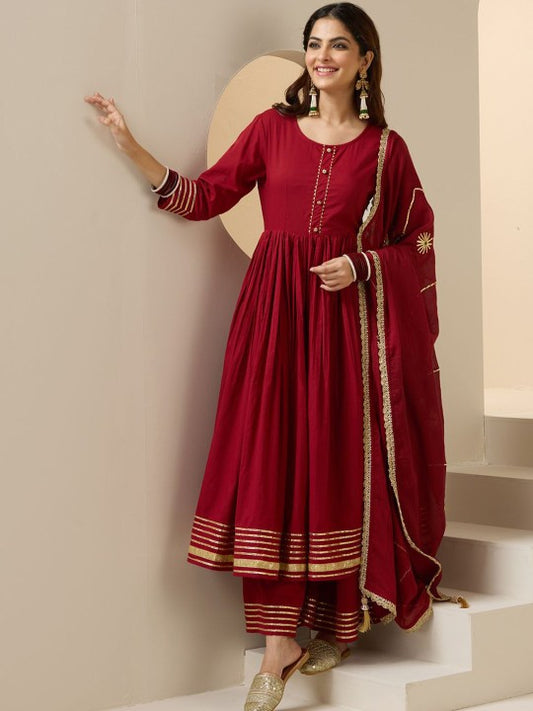 Ishin Gotta Patti Pure Cotton Round Neck Anarkali Kurta With Palazzos And Dupatta