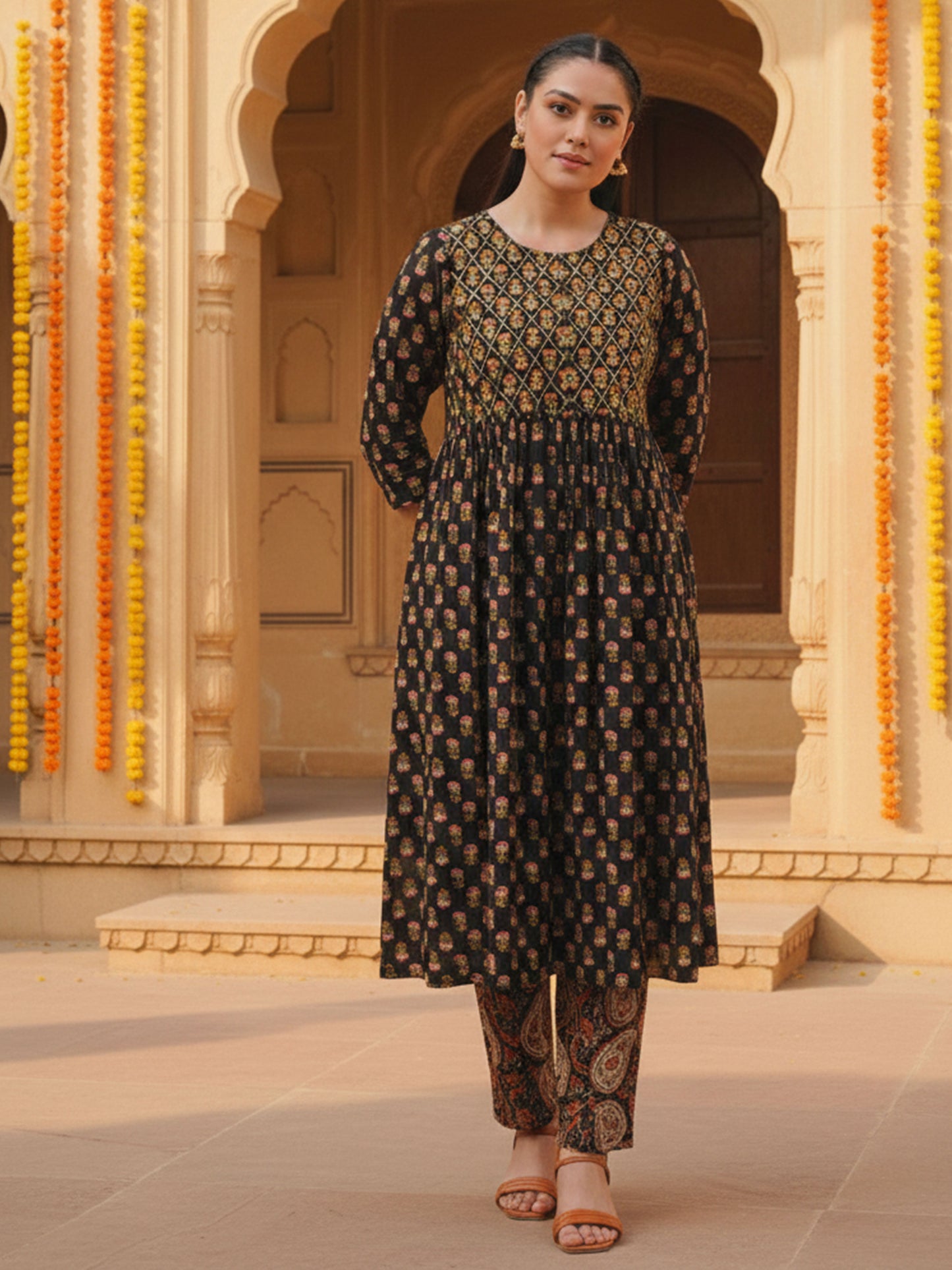 Embroidered Soft Cotton Butti Flared Black Kurta