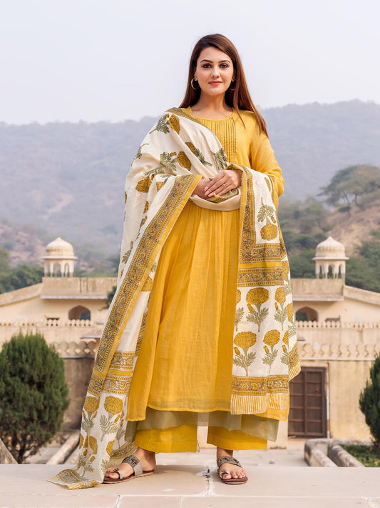Honey Yellow Embroidered And Printed Suit Set