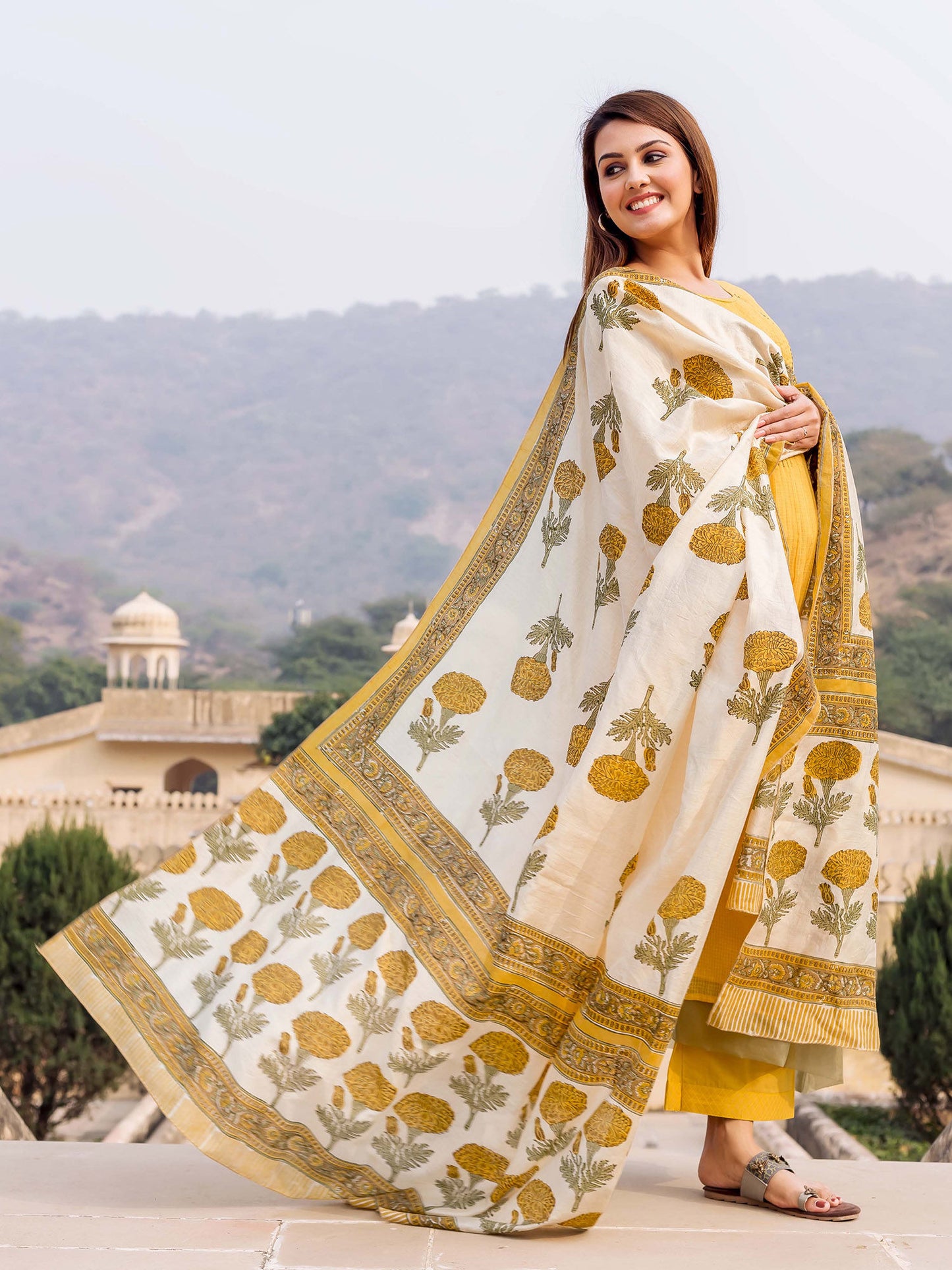 Honey Yellow Embroidered And Printed Suit Set