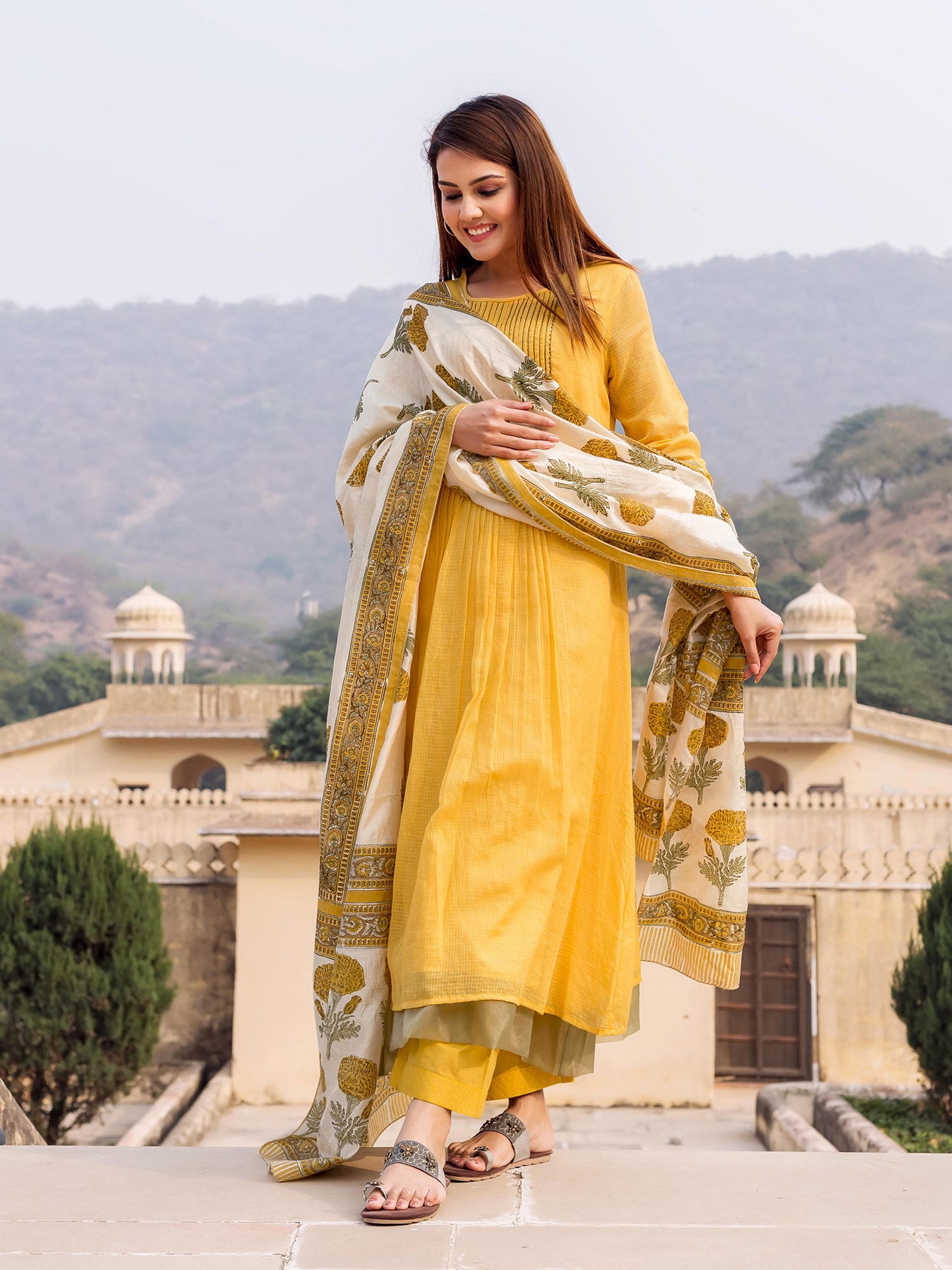 Honey Yellow Embroidered And Printed Suit Set