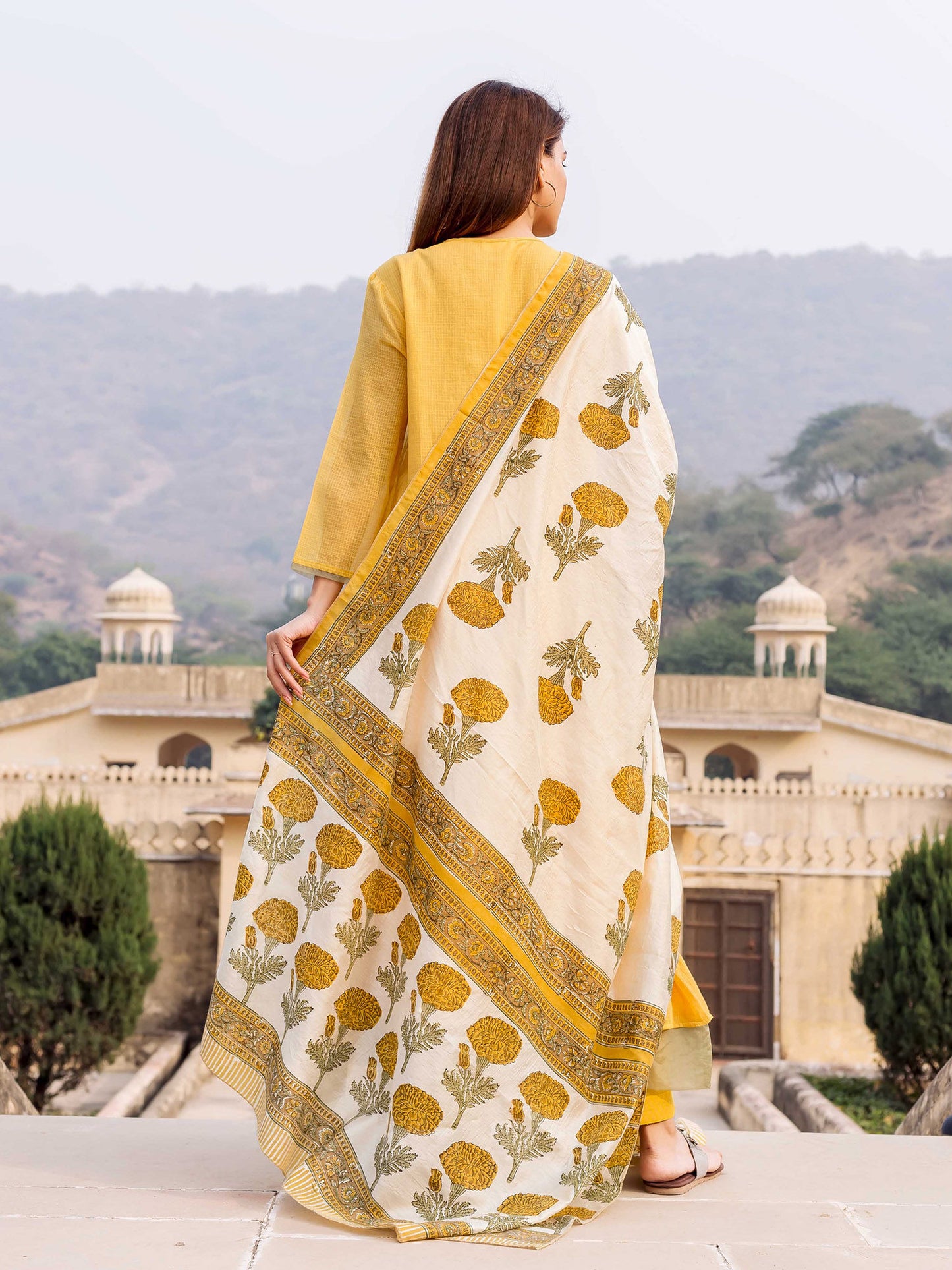 Honey Yellow Embroidered And Printed Suit Set