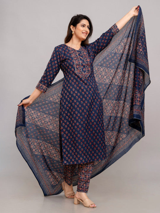 FrionKandy Floral Printed Regular Pure Cotton Kurta with Trousers & With Dupatta