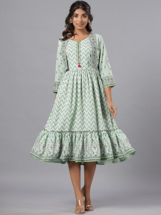 Printed Fit and Flare Midi Ethnic Dresses With Short Jacket