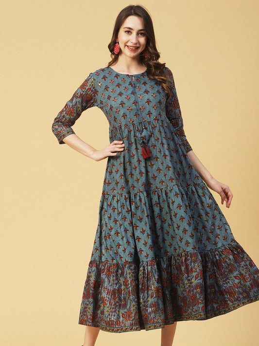 FASHOR Ethnic Motifs Printed Tie Up Neck Embroidered Fit & Flare Cotton Maxi Dress