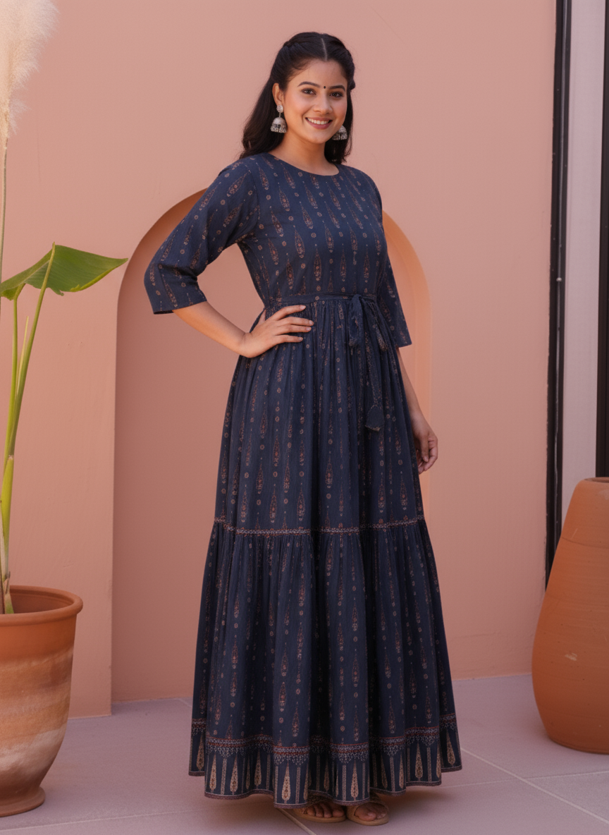 Viscose Floral Anarkali Navy Blue Dress