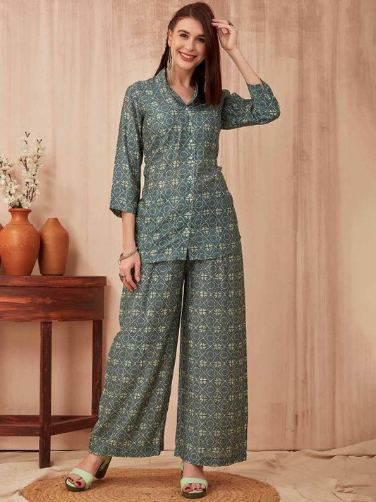 CHANSI Casual Printed V-Neck Tunic & Trousers