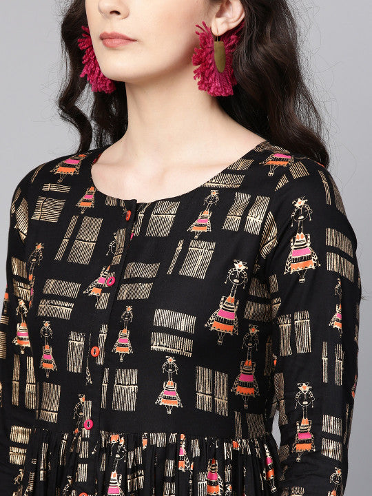 Varanga Black Quirky Print Empire Dress