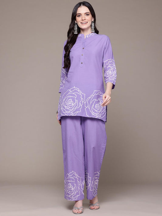 A Line Style Cotton Fabric Lavender Color Co-Ord (Set of 2)