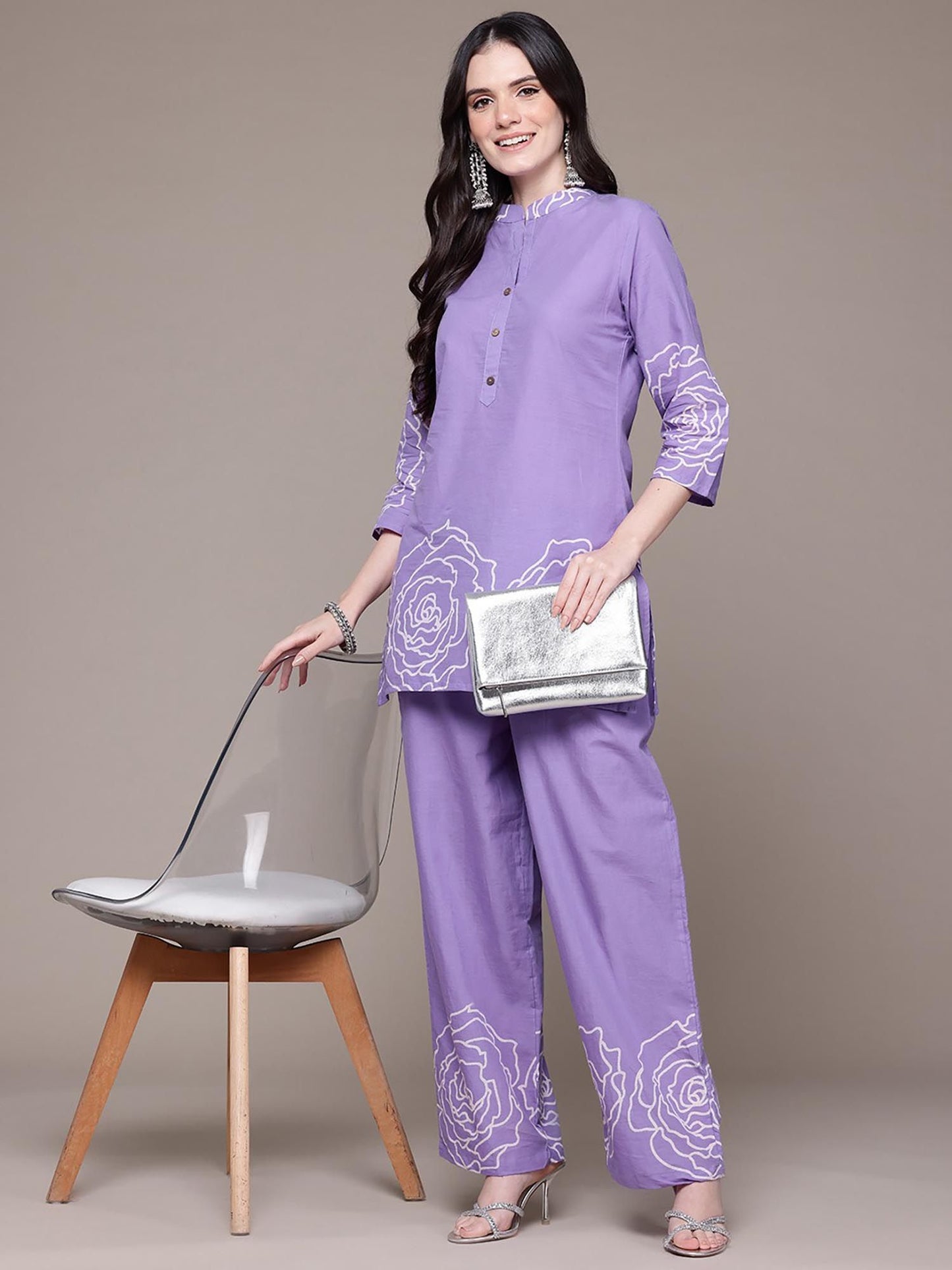 A Line Style Cotton Fabric Lavender Color Co-Ord (Set of 2)