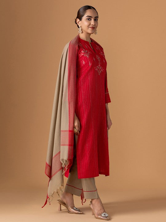 WOMEN PLUS Floral Embroidered Thread Work Pure Cotton Kurta With Trousers & Dupatta