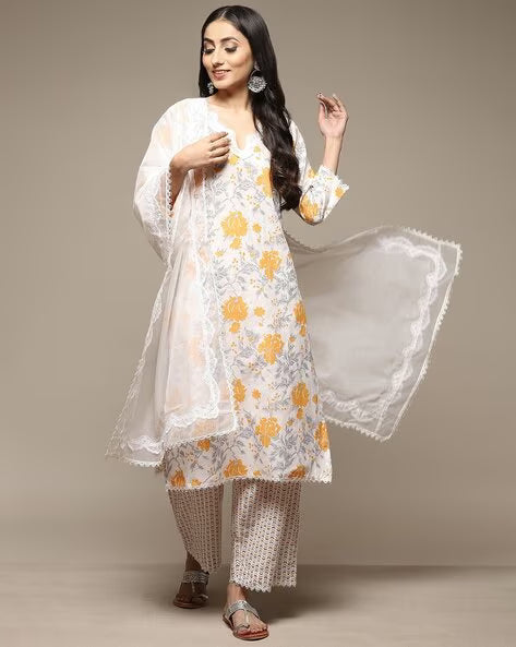 Women Floral Print Straight Kurta with Palazzos & Dupatta
