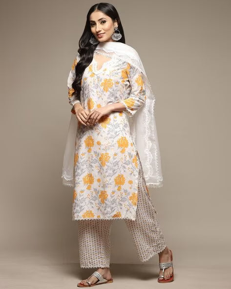 Women Floral Print Straight Kurta with Palazzos & Dupatta