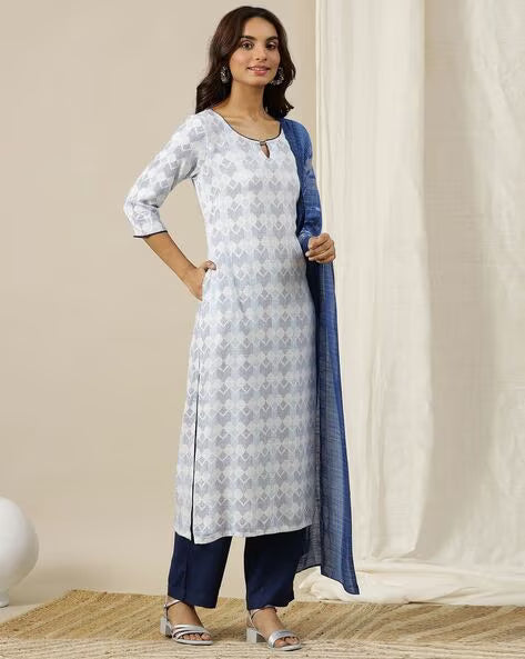 Women Geometric Print Straight Kurta with Palazzos & Dupatta