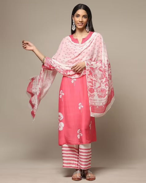 Women Floral Print Straight Kurta Set with Dupatta