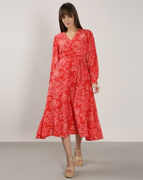 Women Floral Print V-Neck Fit & Flare Dress