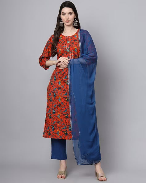 Women Floral Print Straight Kurta Set with Dupatta