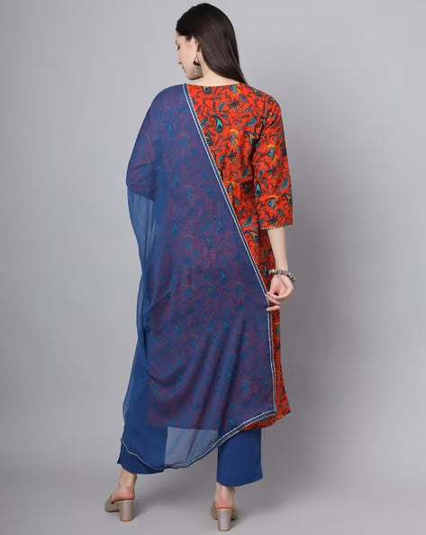 Women Floral Print Straight Kurta Set with Dupatta