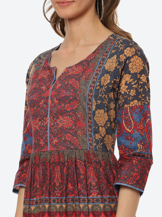 Biba Women Red & Blue Ethnic Motifs Printed Cotton A-Line Ethnic Dress