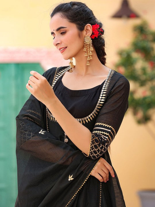 GILLORI Embroidered Gotta Patti Chanderi Cotton Kurta With Trousers & Dupatta & Jacket