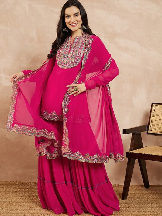Inddus Pink & Gold Toned Yoke Design Embroidered Straight Kurta