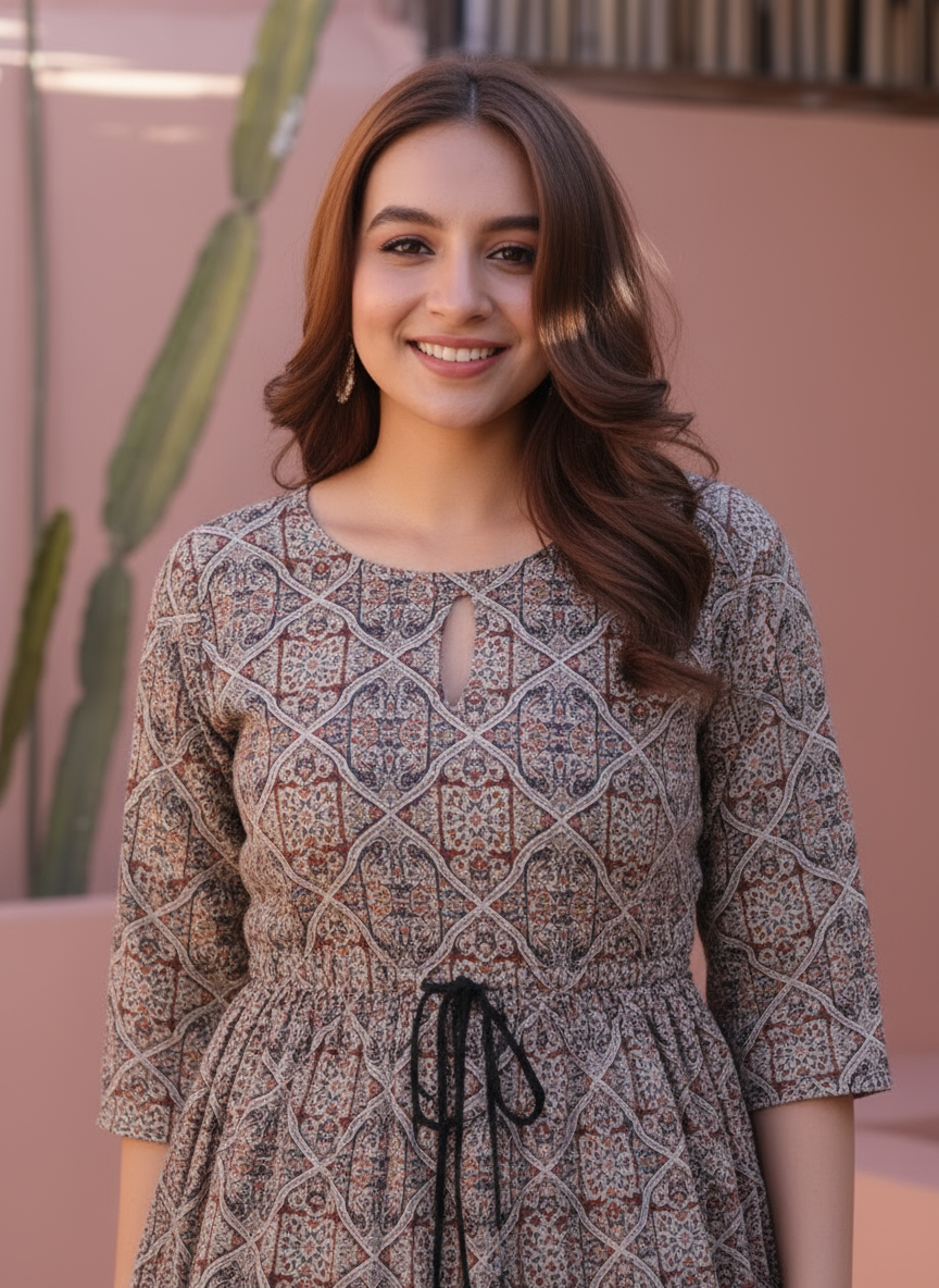 Viscose Jaal Gathered Maroon Dress