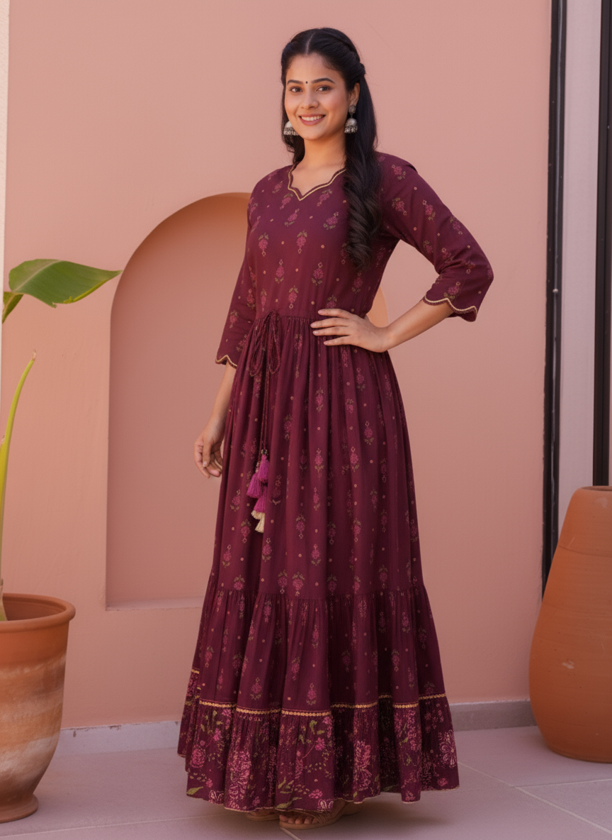 Viscose Butta Anarkali Wine Dress
