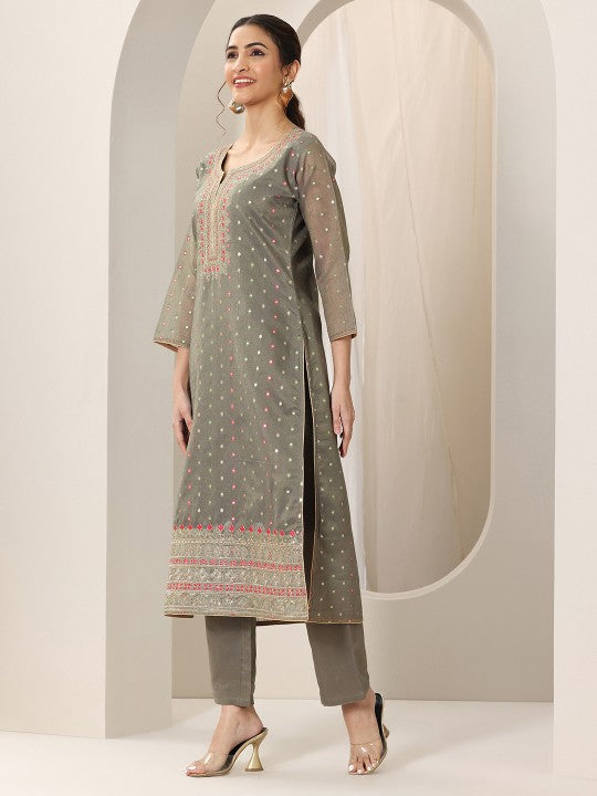 Floral Woven Design Notch Neck Chanderi Silk Straight Kurta