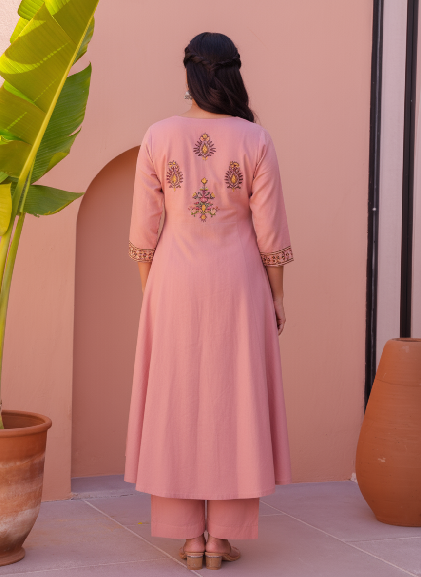 Embroidered Linen Cotton Solid Straight Pink Kurta