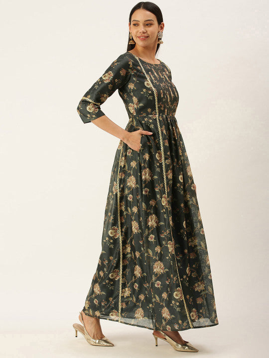 Ethnovog Green  Golden Floral Satin Made To Measure Maxi Dress