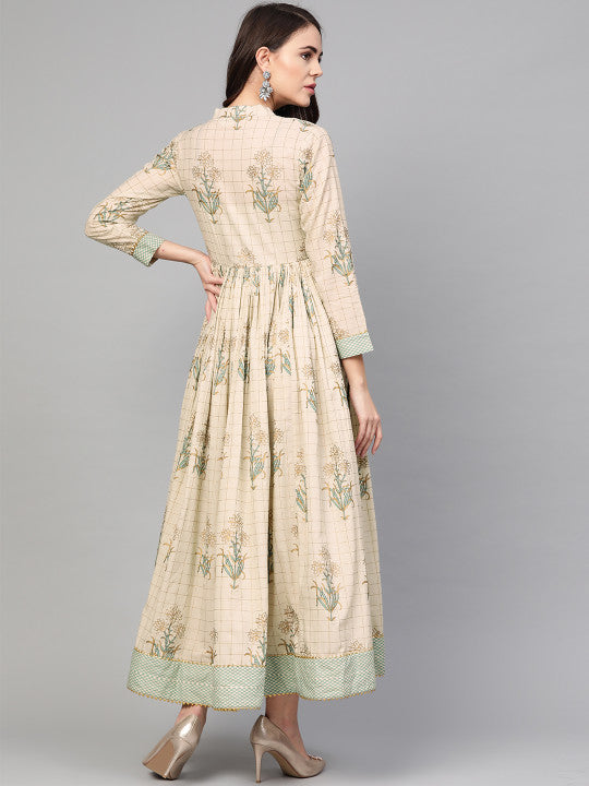 Idalia Women Beige & Golden Printed Maxi Dress