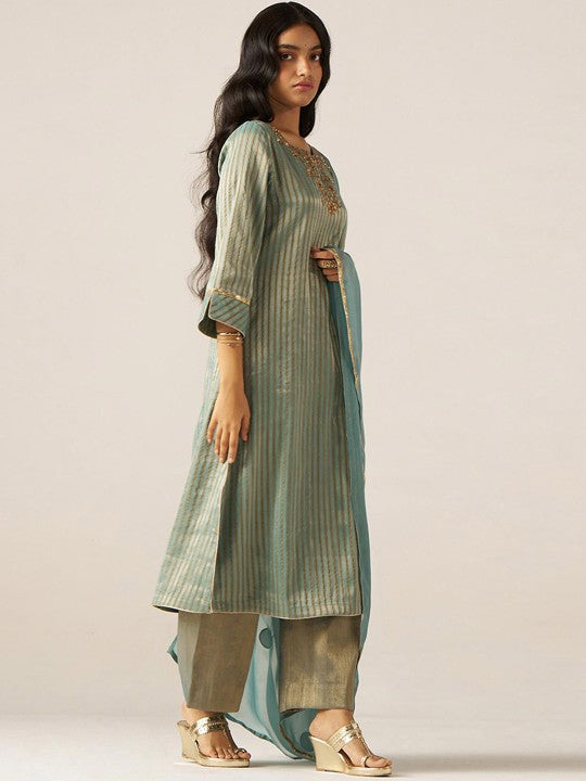 Ganga Striped Woven Design Thread Work Tissue Straight Kurta