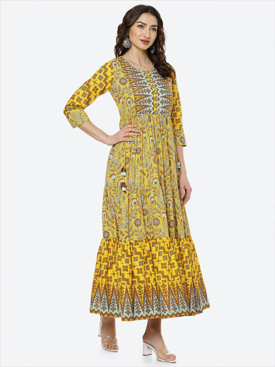 Biba Mustard Yellow Ethnic Motifs Ethnic Maxi Dress