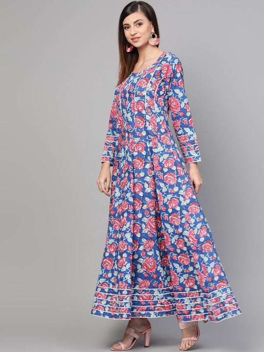Idalia Women Blue & Pink Hand Block Print Maxi Dress