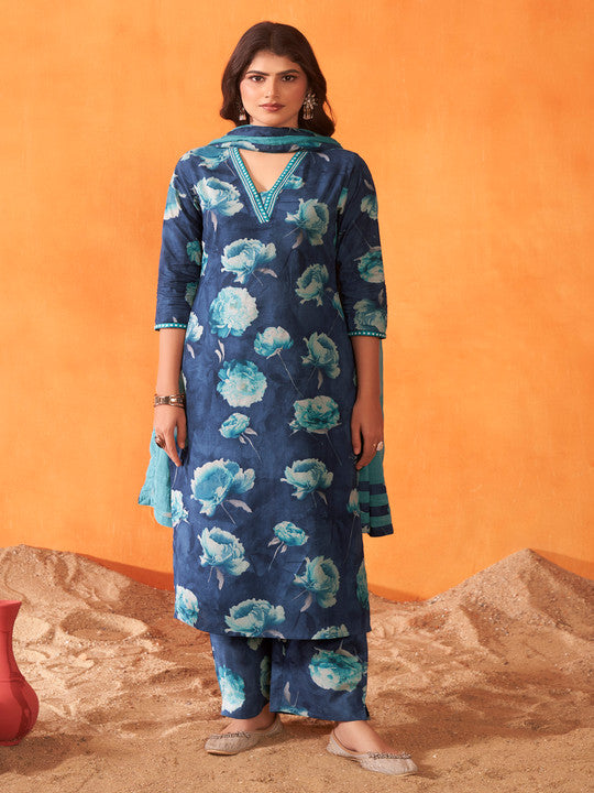 Anouk Women Floral Printed Regular Pure Cotton Kurta with Trousers & With Dupatta