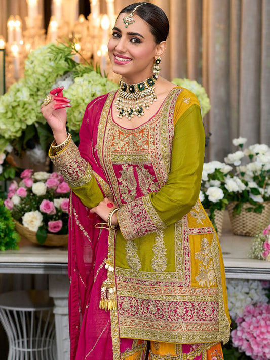 Indo Era Floral Embroidered Sequinned Chinon Straight Kurta With Palazzos & Dupatta