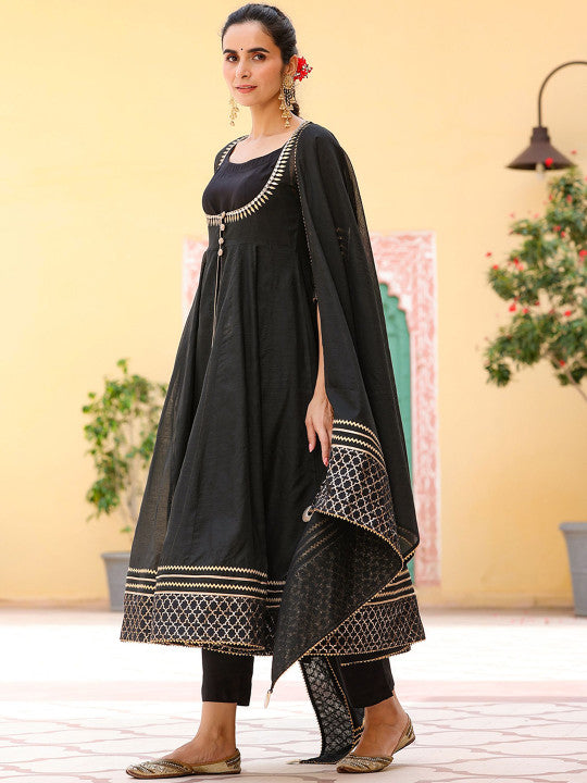 GILLORI Embroidered Gotta Patti Chanderi Cotton Kurta With Trousers & Dupatta & Jacket