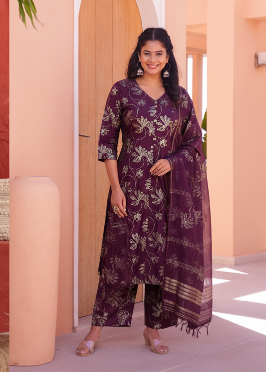 Chanderi Gold foil Flared Purple Kurta