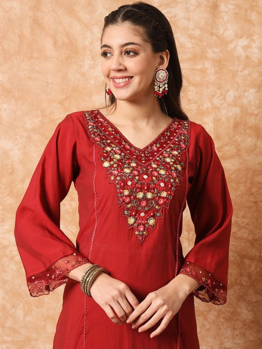 Neck Flared Sleeves Straight Kurta with Trouser & Dupatta