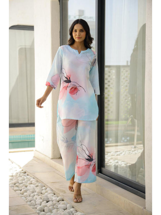 Womens Sky Blue Floral Stylish &amp; Comfortable Co-Ord Set