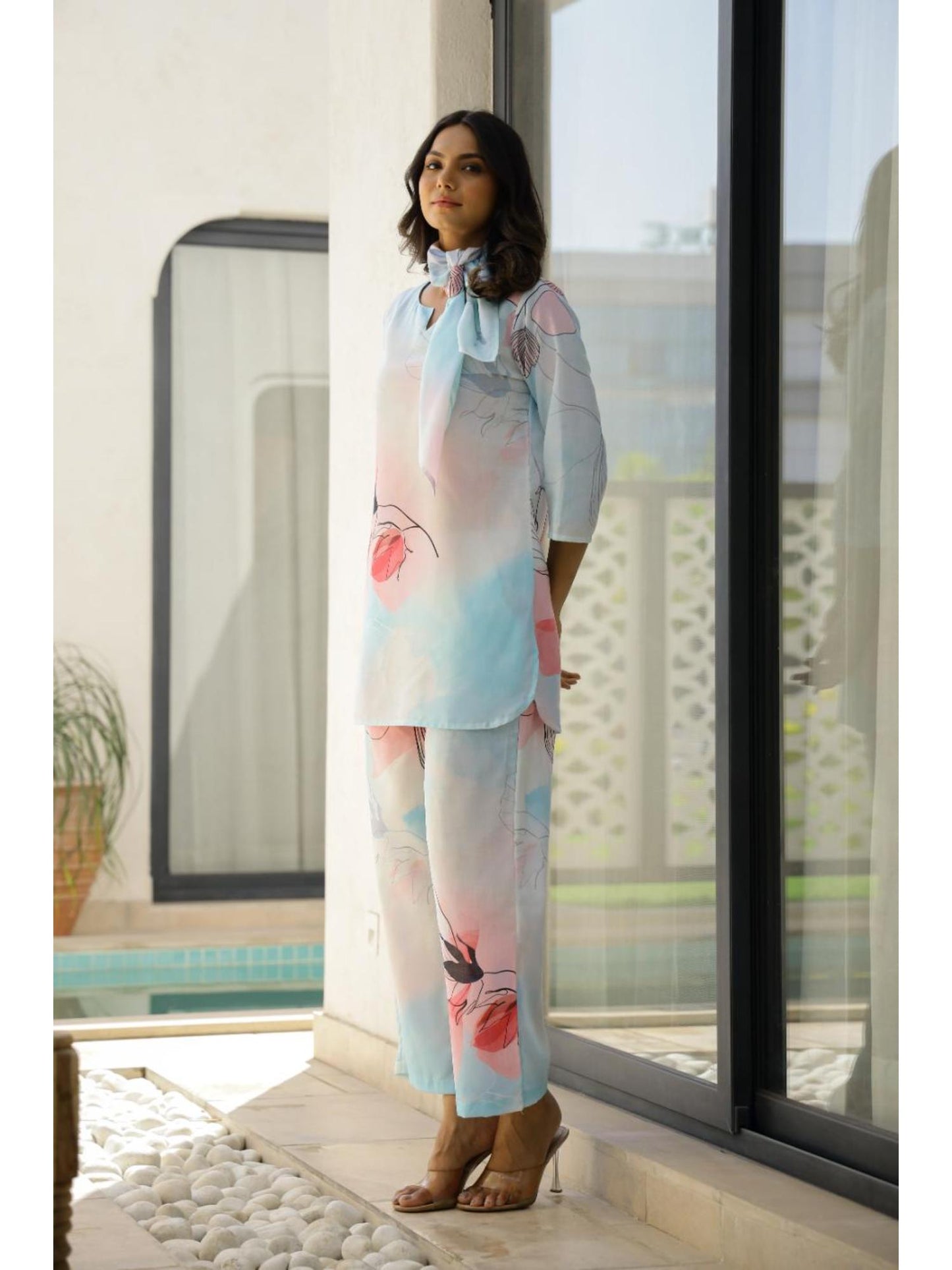 Womens Sky Blue Floral Stylish &amp; Comfortable Co-Ord Set
