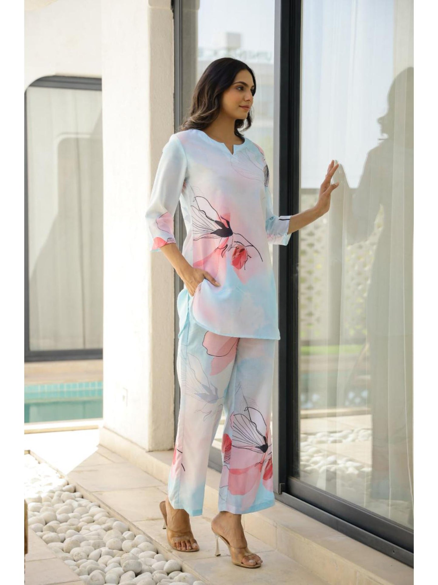 Womens Sky Blue Floral Stylish &amp; Comfortable Co-Ord Set